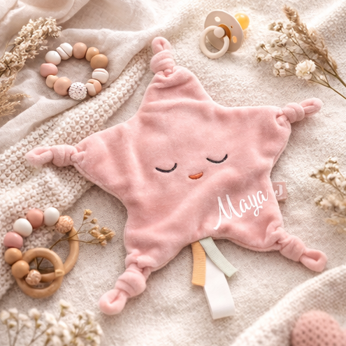 Schnuffeltuch mit Name bedruckt - Jollein Stern Kuschelweich Rosa für Mädchen 