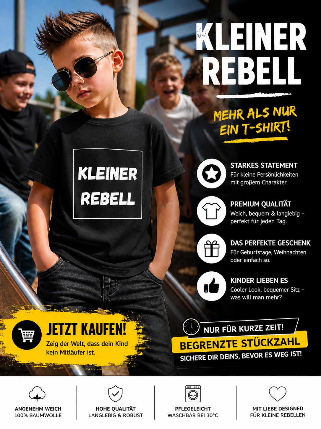 Schwarzes Kinder Shirt mit Aufdruck Kleiner Rebell – stylisches Outfit für Jungen und Mädchen