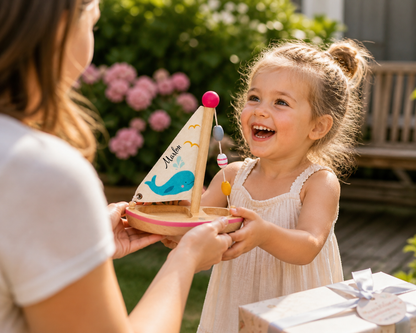 Glückliches Kind nimmt personalisiertes Holzspielzeug Segelboot als Geschenk entgegen – liebevolle Geschenkidee für Kinder mit Namen