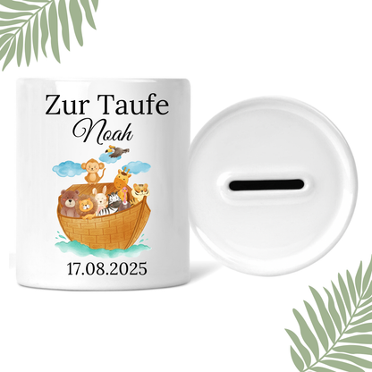 Spardose Taufe mit Name und Geburtsdatum - Arche Noah 
