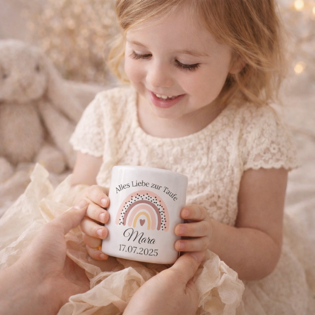     Spardose aus Keramik mit Name und Taufdatum personalisiert – hochwertiges Erinnerungsgeschenk zur Taufe im Boho-Stil.