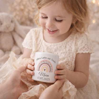     Spardose aus Keramik mit Name und Taufdatum personalisiert – hochwertiges Erinnerungsgeschenk zur Taufe im Boho-Stil.