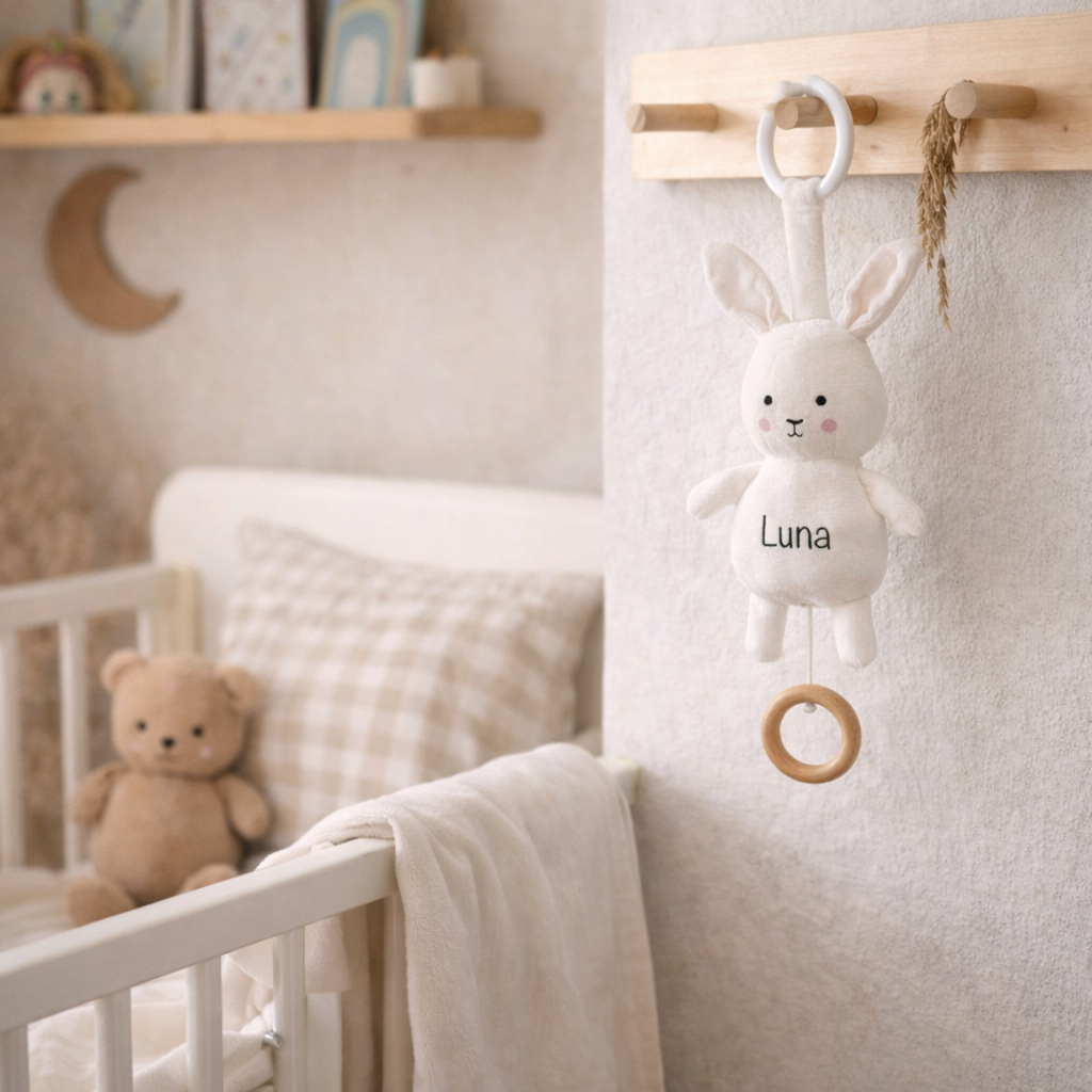 Personalisierte Spieluhr weißer Hase mit Name bedruckt - Persönliches Babygeschenk zur Geburt oder Taufe 
