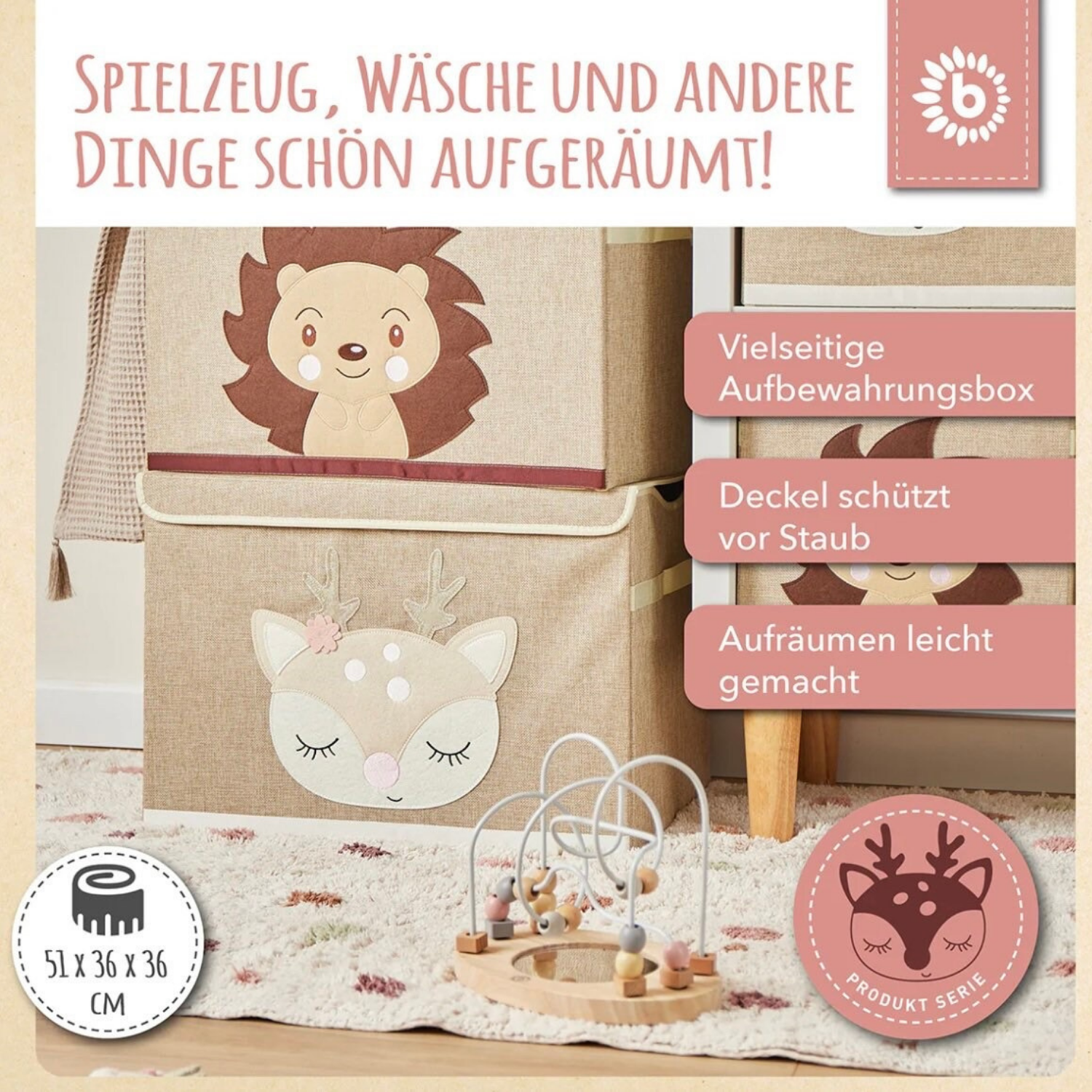 Spielzeugkiste mit Reh-Design und personalisiertem Namen – praktische Aufbewahrung für Kinderzimmer