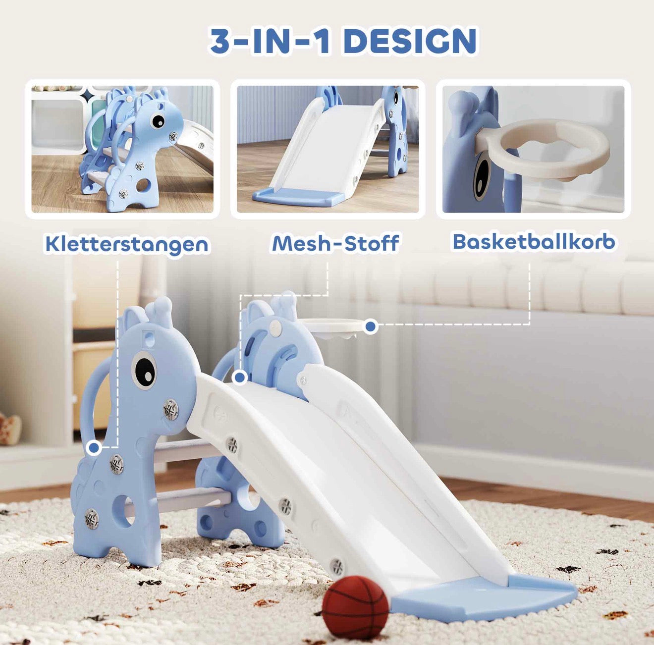 Stabile blaue Baby-Rutsche für Zuhause im gemütlichen Kinderzimmer
