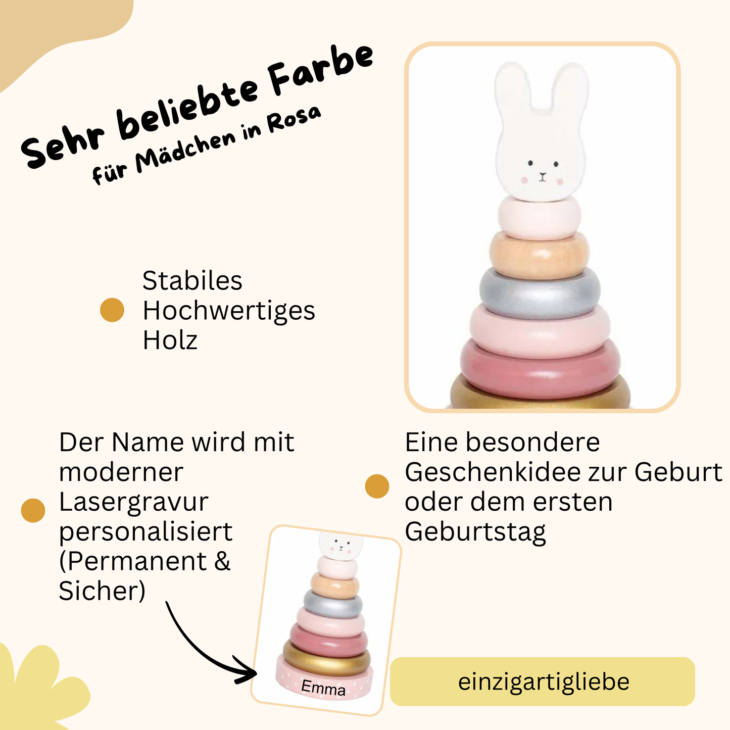 Stabiles Holzspielzeug für Kinder als Geschenk zum ersten Geburtstag mit Lasergravur des Namen Hase