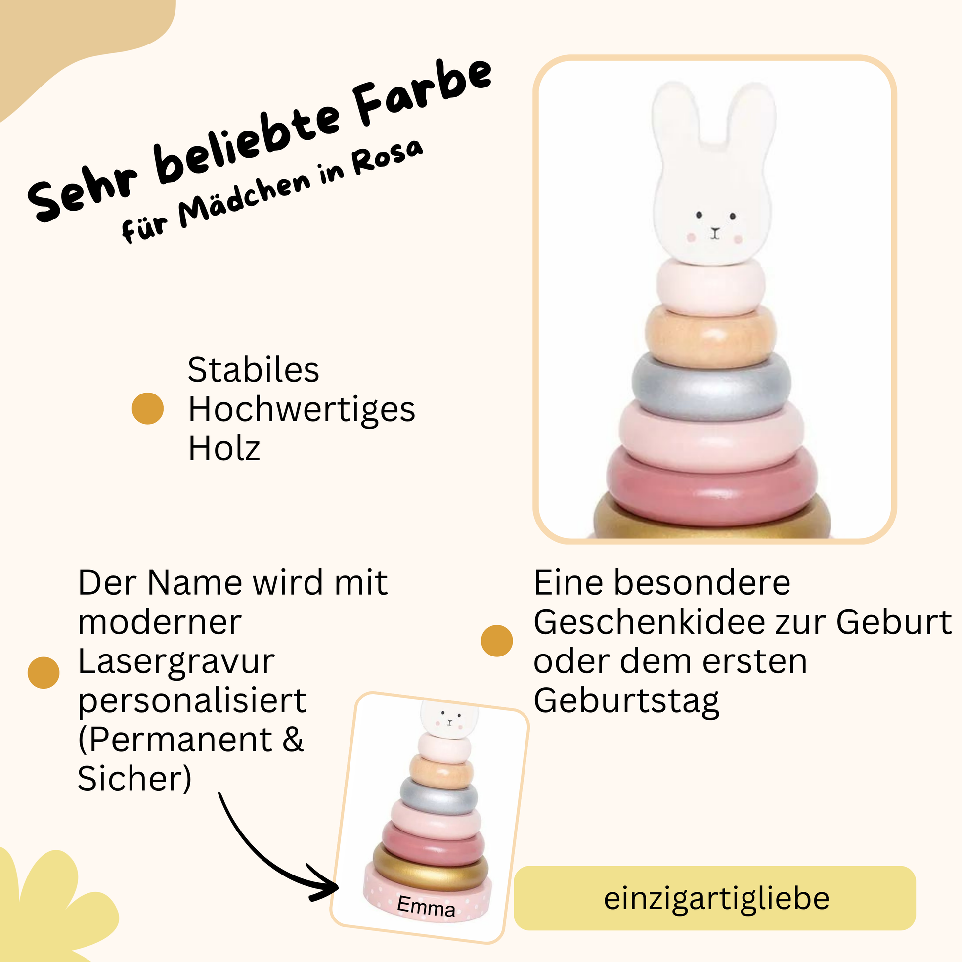 Stabiles Holzspielzeug für Kinder als Geschenk zum ersten Geburtstag mit Lasergravur des Namen Hase
