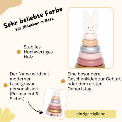 Stabiles Holzspielzeug für Kinder als Geschenk zum ersten Geburtstag mit Lasergravur des Namen Hase