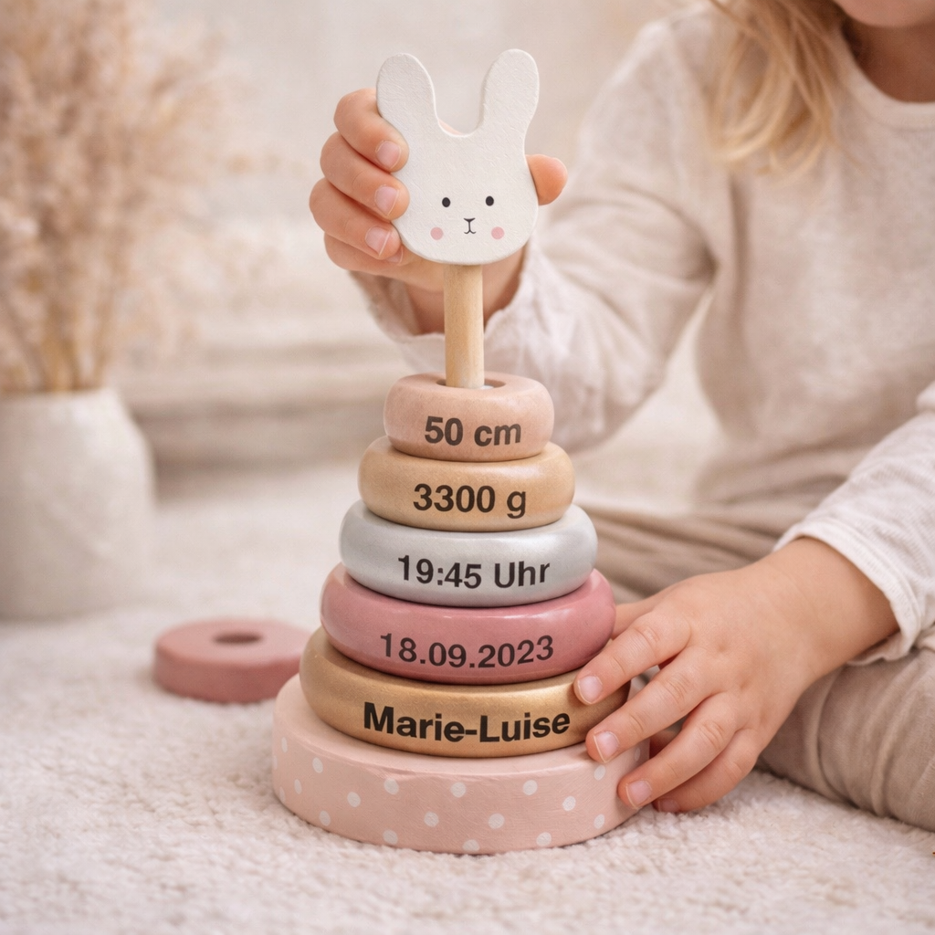 Stapelturm mit Name und Geburtsdaten graviert - Hase Jabadabado 