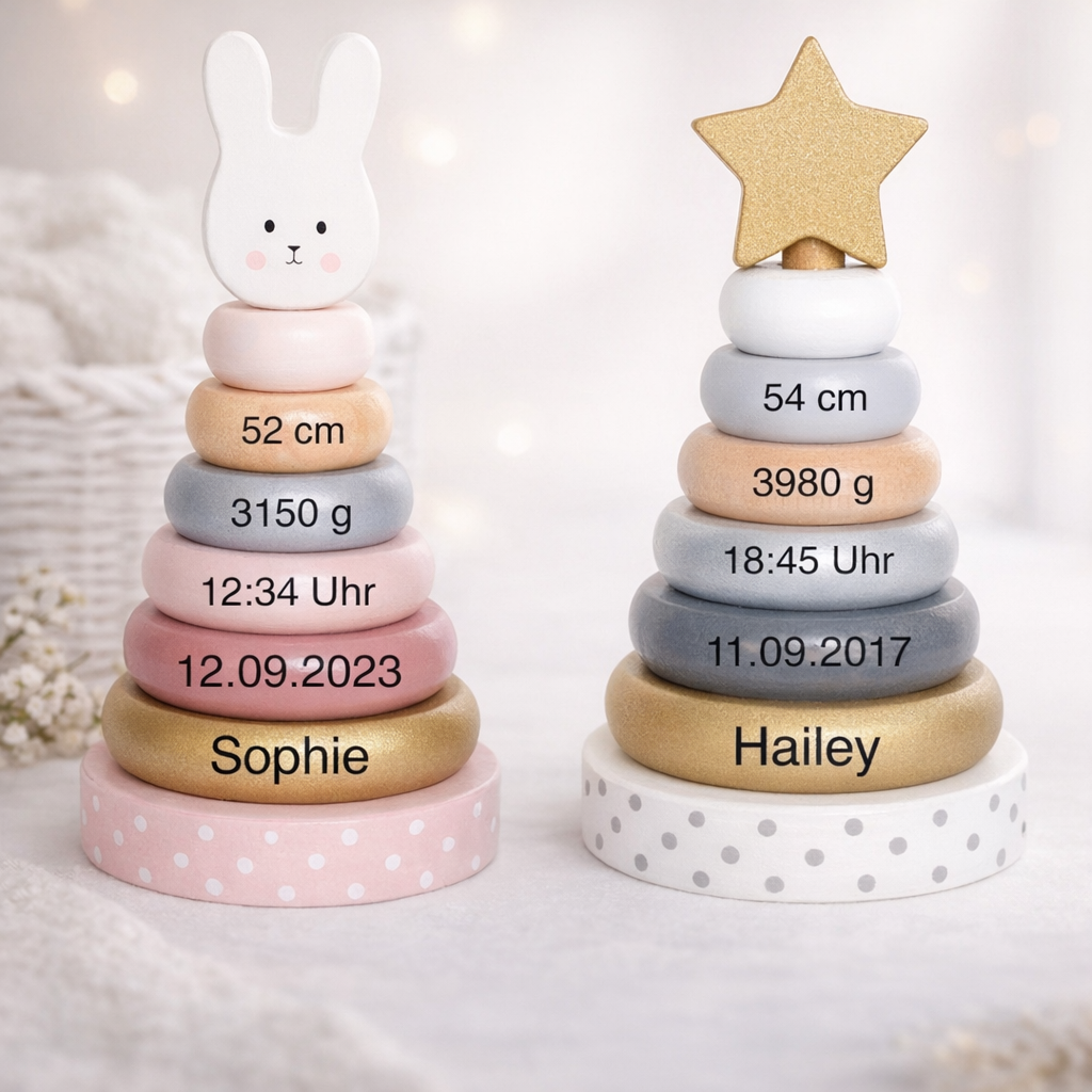 Stapelturm Holz mit Name und Geburtsdaten personalisiert / Hase oder Stern - einzigartigliebe
