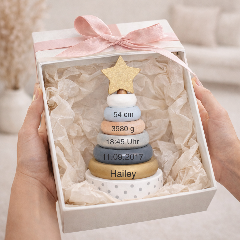 Stapelturm Stern mit Name und Geburtsdaten graviert - Personalisiertes Holzspielzeug für Kinder ab 0 Jahren - Geschenk zur Geburt
