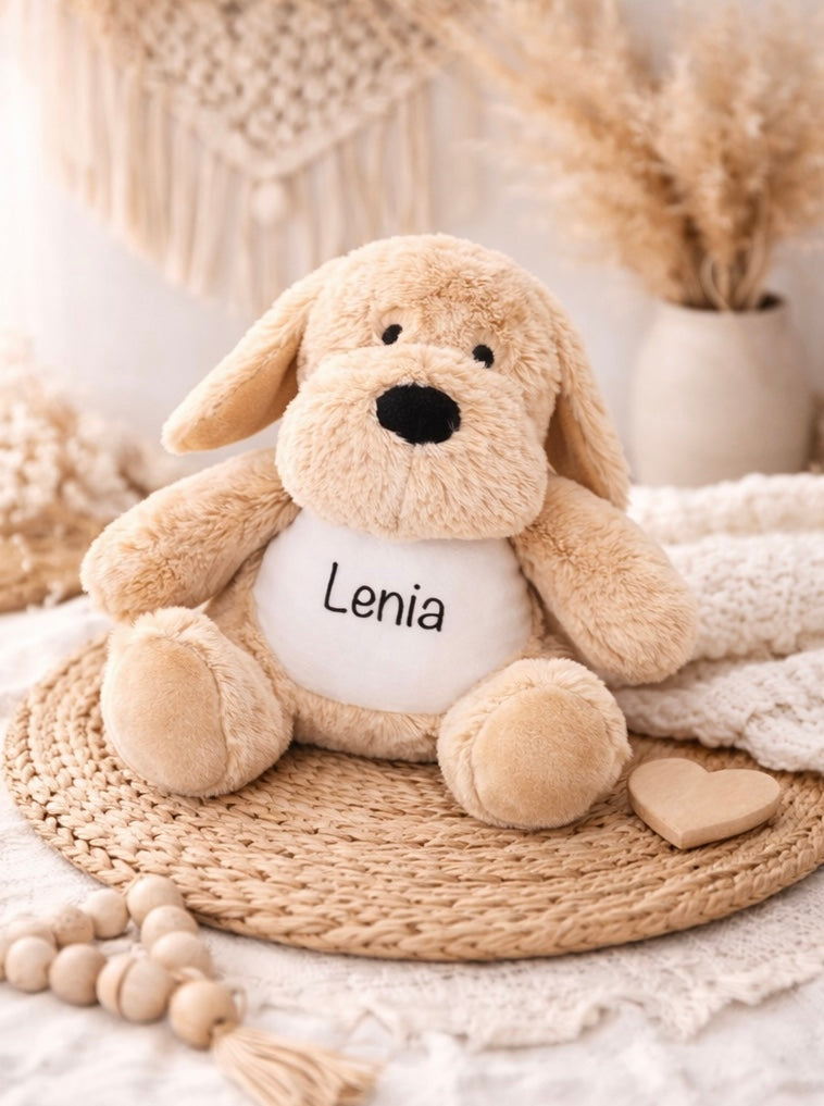 Geschenke für Kinder Hund Flauschiges Kuscheltier mit Name bedruckt in Beige