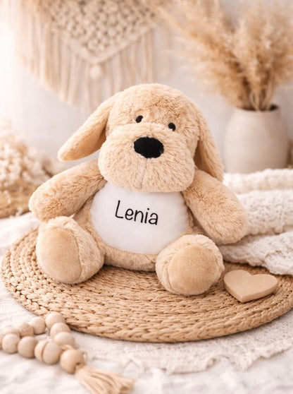 Geschenke für Kinder Hund Flauschiges Kuscheltier mit Name bedruckt in Beige