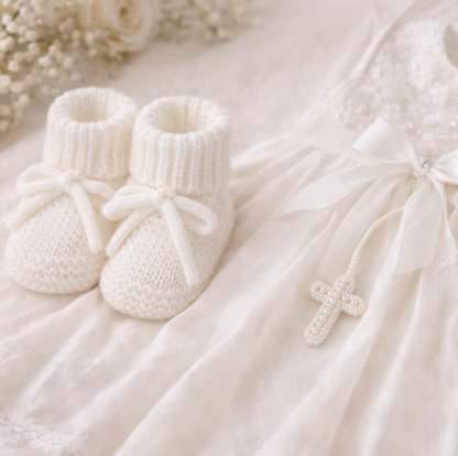 Strickschuhe Weiß zur Taufe, Babyschuhe Taufe, Taufgeschenk für Babys, Strickstrumpf Newborn 