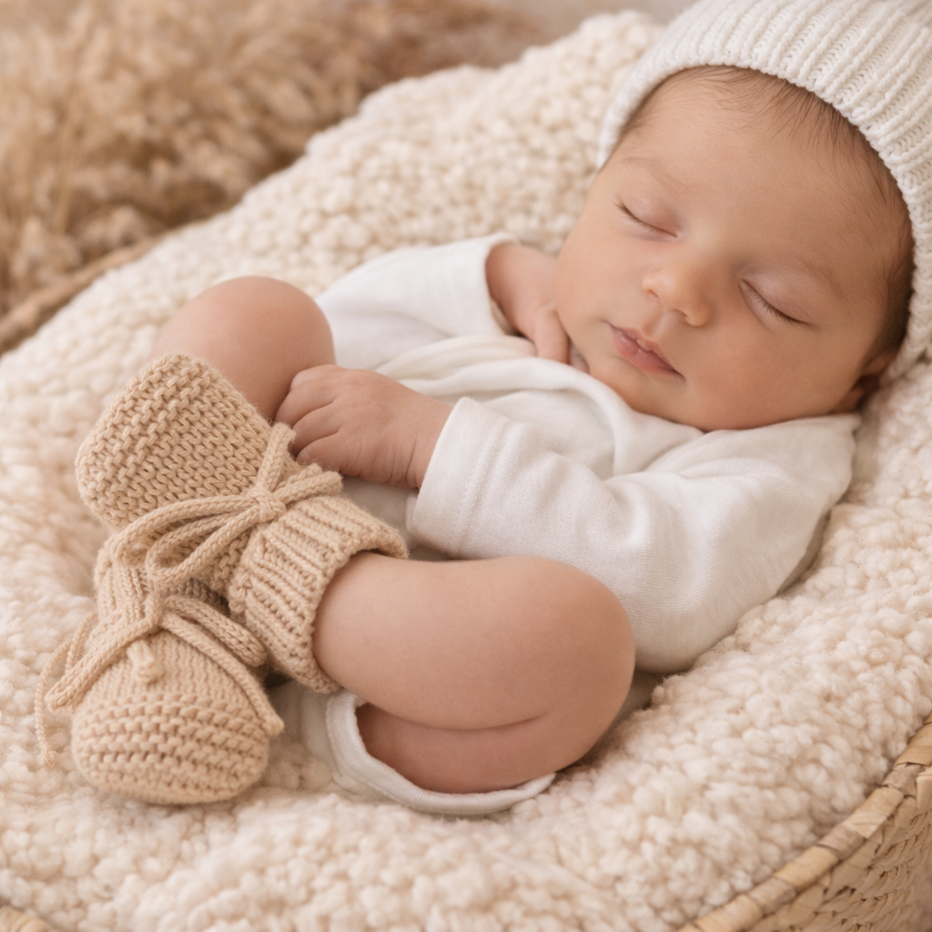 Newborn Stricksocken Beige mit Baby, Warme Schuhe für Babys, Geschenk zur Taufe, Jungengeschenk ab 0 Jahre
