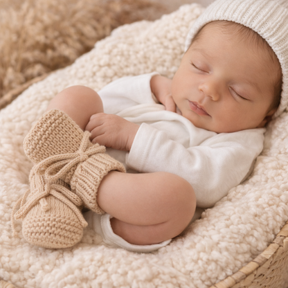 Newborn Stricksocken Beige mit Baby, Warme Schuhe für Babys, Geschenk zur Taufe, Jungengeschenk ab 0 Jahre