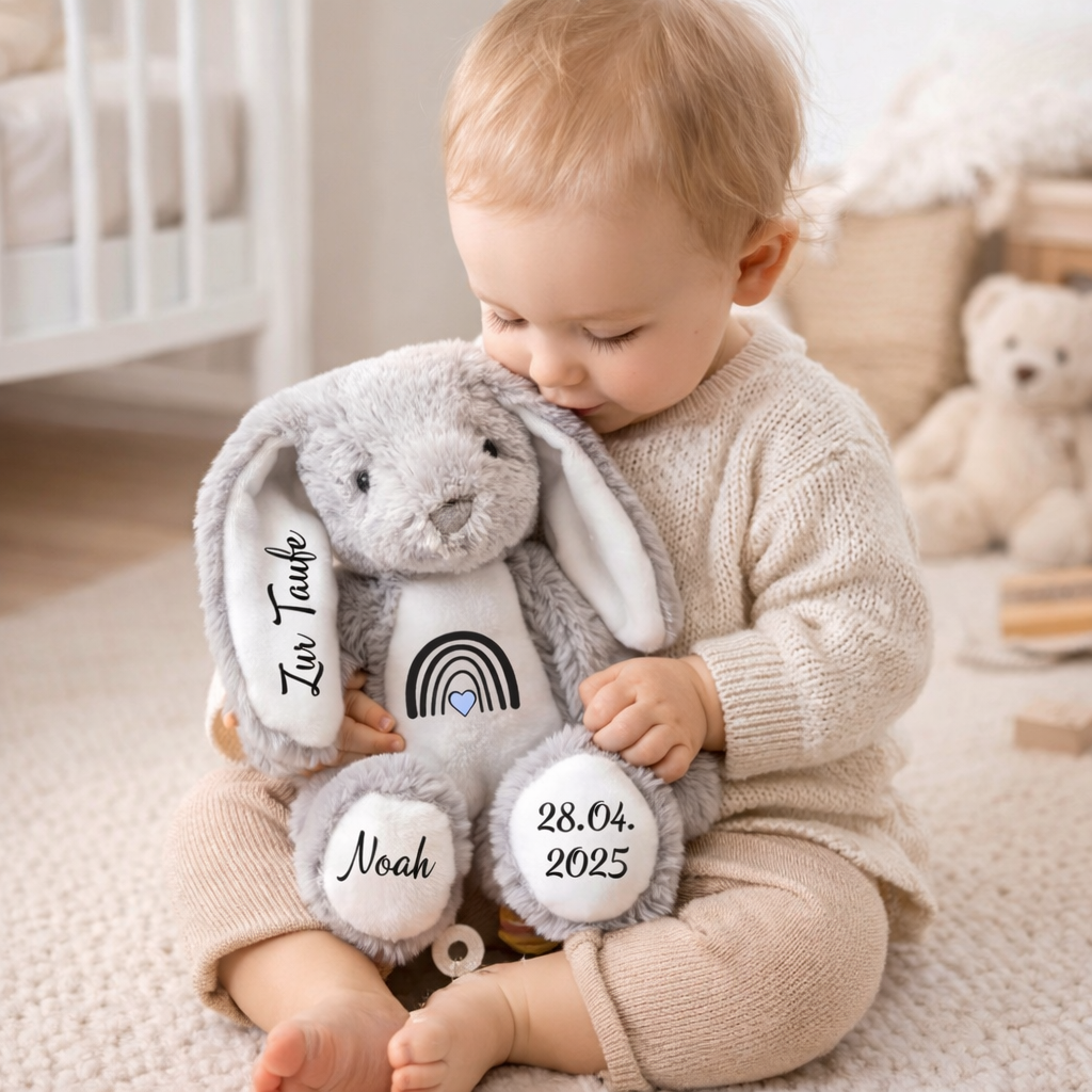 Perfektes Taufgeschenk. Kuscheltier Hase mit Taufdatum und Name bedruckt 