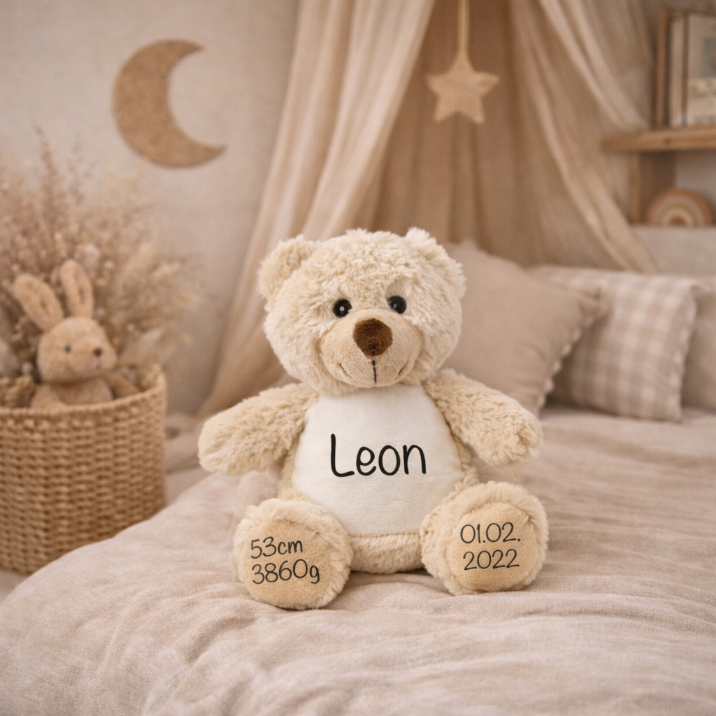 Personalisierter Teddybär für Kinder mit Name und Geburtsdaten - Beiger Teddy 
