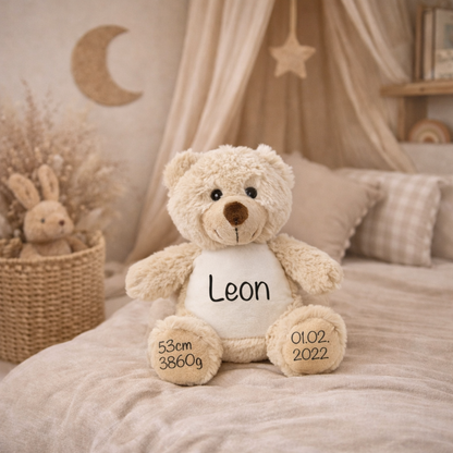 Personalisierter Teddybär für Kinder mit Name und Geburtsdaten - Beiger Teddy 