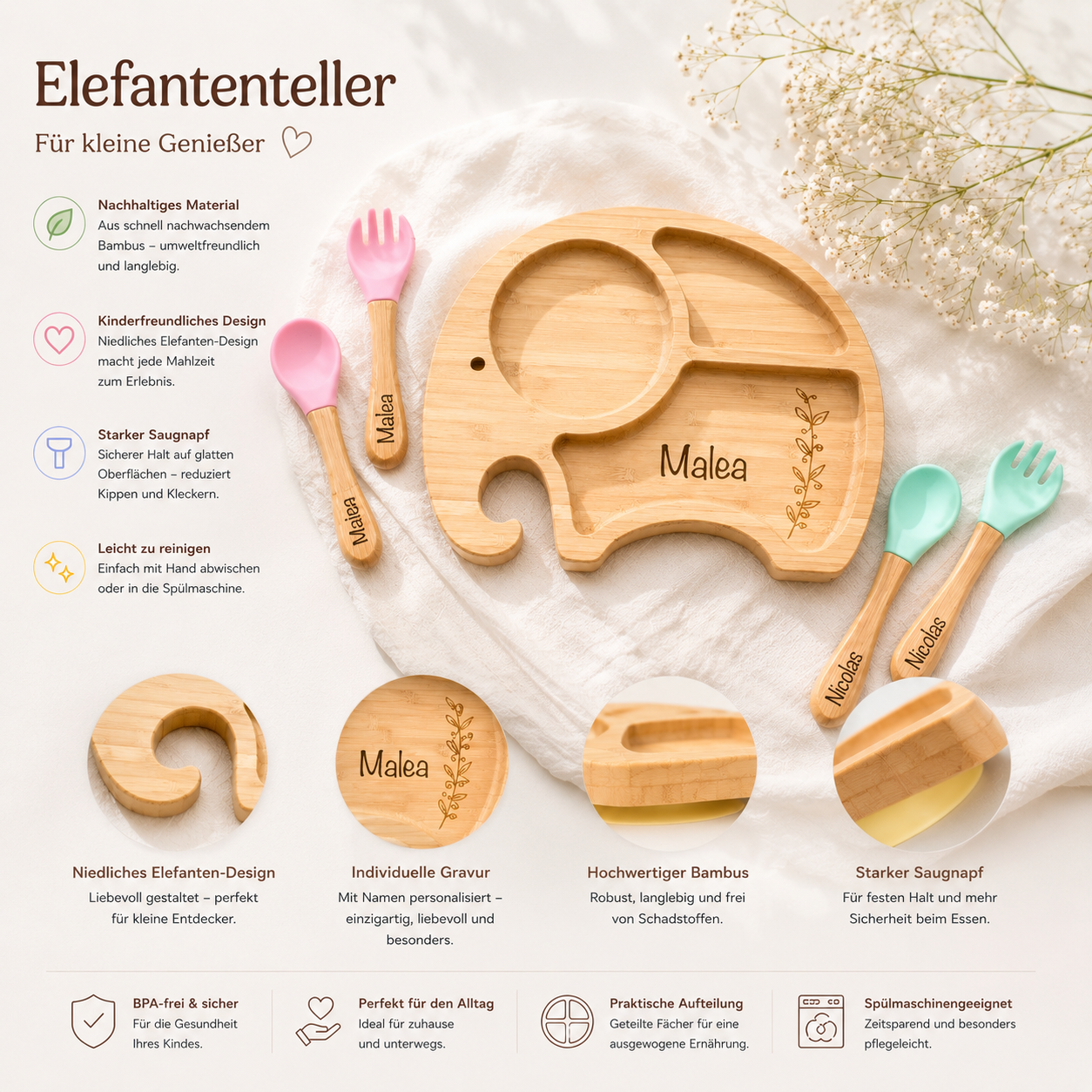 Rutschfester Bambus Teller Elefant für Kinder und Babys, Beikost Start
