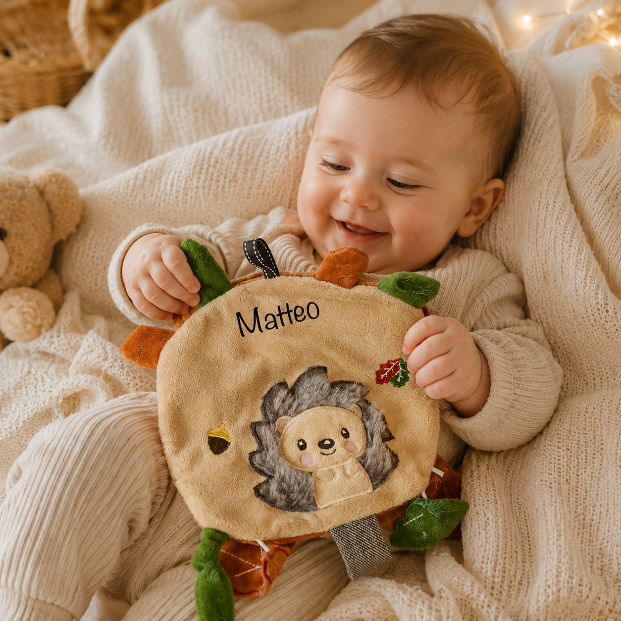 Weiches Knistertuch mit Namen personalisiert als besondere Geschenkidee zur Babyparty