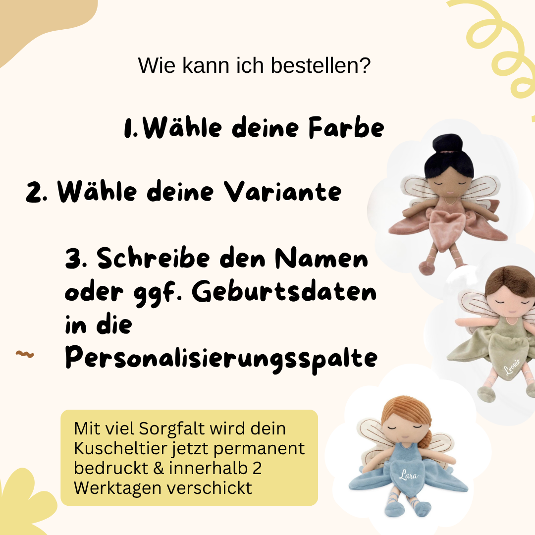 Weiches Kuscheltier Fee – individuell mit Namen personalisiert, liebevoll gestaltet