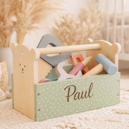 Werkzeugkasten aus Holz, Holzspielzeug mit Name, Personalisiertes Geschenk zum 1 Geburtstag