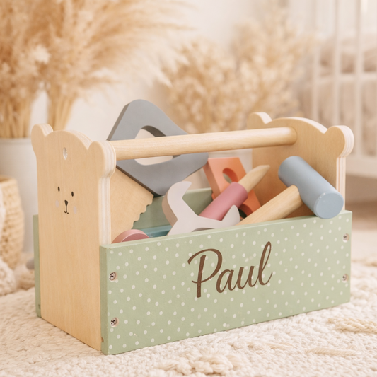Werkzeugkasten aus Holz, Holzspielzeug mit Name, Personalisiertes Geschenk zum 1 Geburtstag