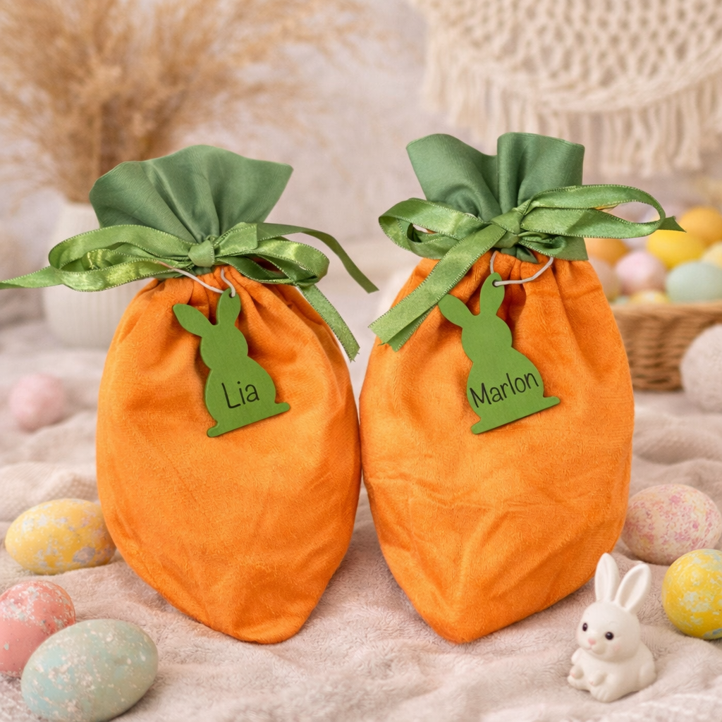 Personalisierte Oster-Geschenksäckchen mit graviertem Holzanhänger in Hasenform
