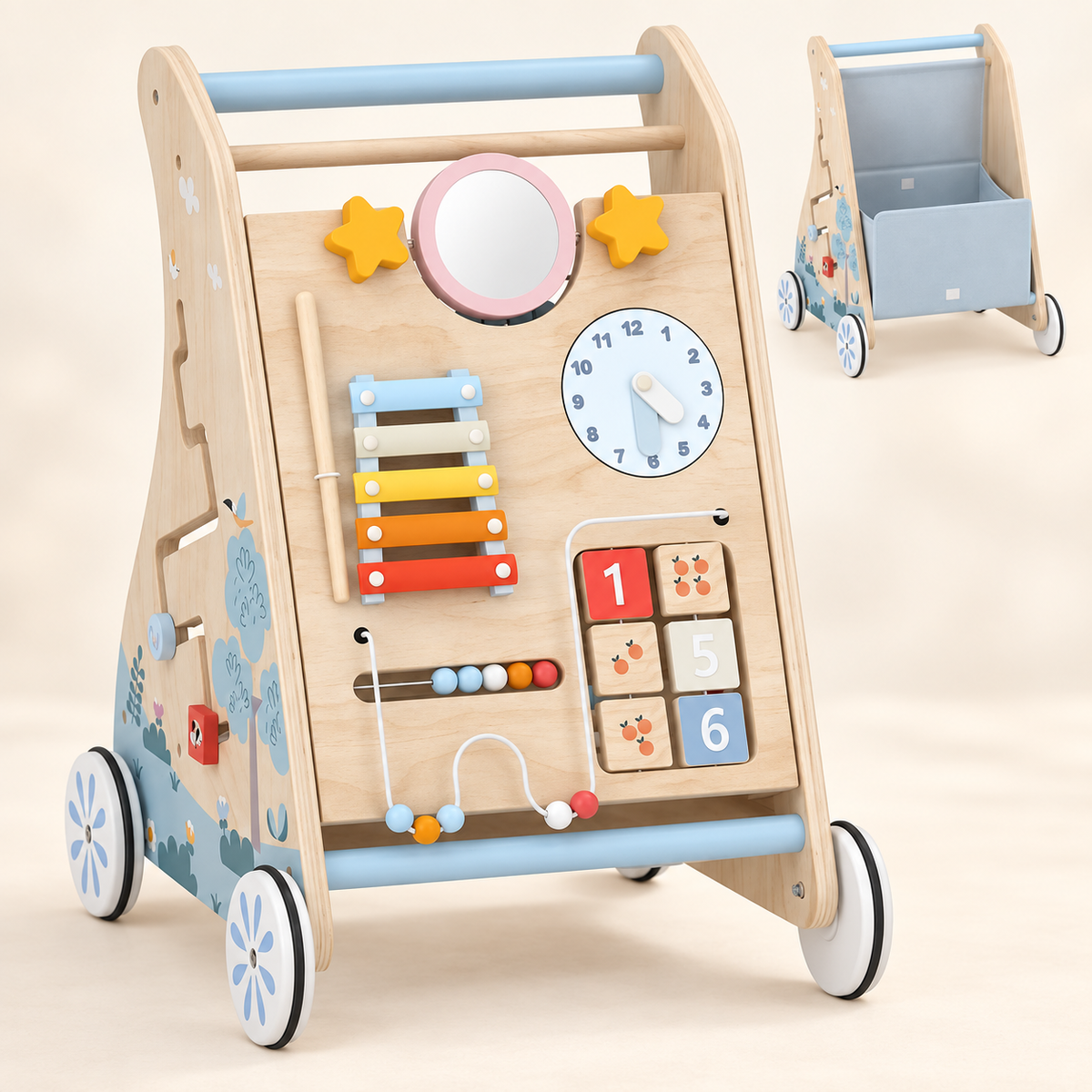 AIYAPLAY 3-in-1 Holz-Lauflernwagen mit abnehmbarem Aktivitätsboard in Naturholz