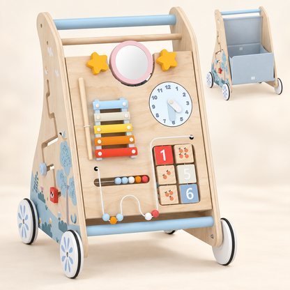 AIYAPLAY 3-in-1 Holz-Lauflernwagen mit abnehmbarem Aktivitätsboard in Naturholz