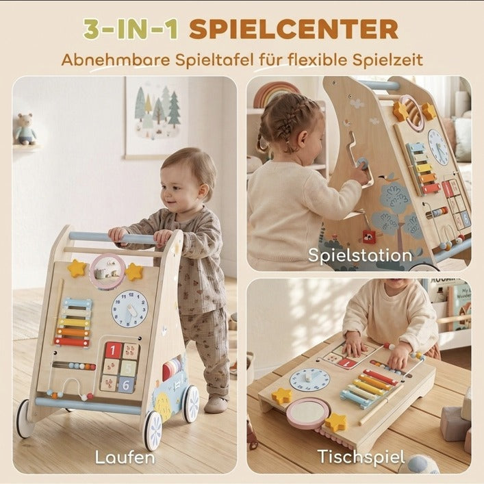 3-in-1 Lauflernwagen mit Spielstation und abnehmbarer Tafel für Tisch- und Bodenspiel