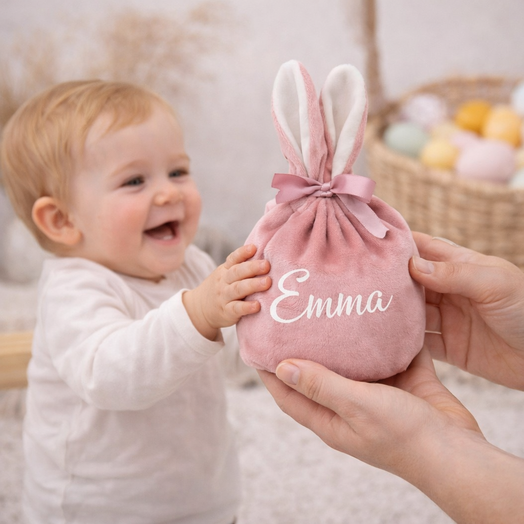 Kind erhält personalisiertes Karotten-Geschenksäckchen zu Ostern – kleines Osterbeutel mit Name