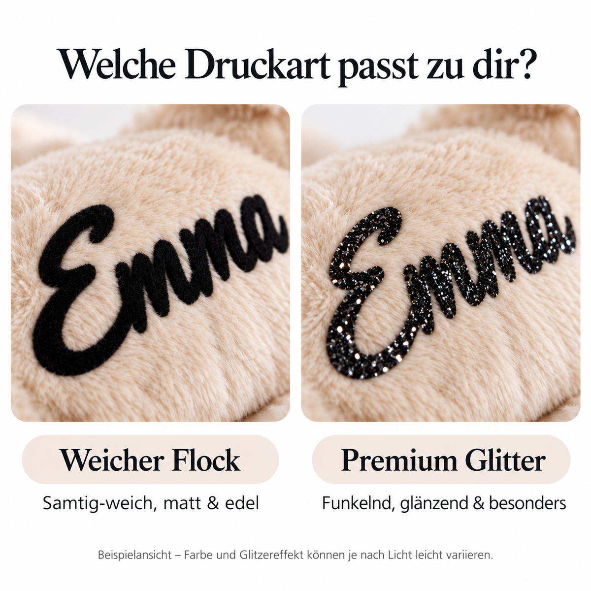 Weicher Flock oder Premium Glitter? Vergleich der matten samtigen Flockfolie mit schwarzer Glitzerfolie am Kuscheltier