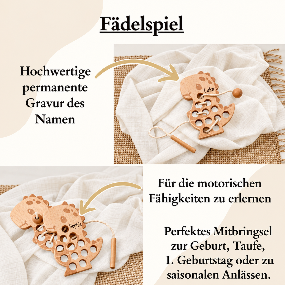 Dino Fädelspiel mit Name zur Förderung von Feinmotorik und Konzentration