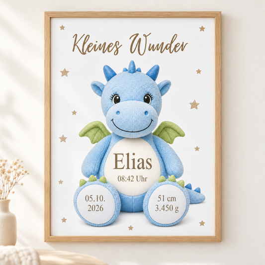 Personalisiertes DIN-A4-Geburtsposter „Kleines Wunder“ mit Drache, Name Elias und Geburtsdaten – frontal im Rahmen in Holzoptik