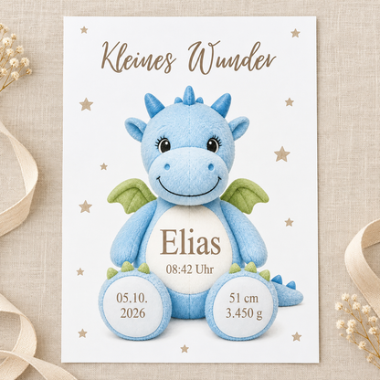 Personalisiertes DIN-A4-Geburtsposter „Kleines Wunder“ mit Drache, Name Elias und Geburtsdaten – Poster ohne Rahmen auf hellem Stoff
