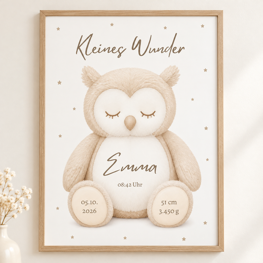 Personalisiertes DIN-A4-Geburtsposter „Kleines Wunder“ mit Eule, Name Emma und Geburtsdaten – frontal im Rahmen in Holzoptik