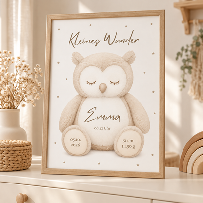 Personalisiertes DIN-A4-Geburtsposter „Kleines Wunder“ mit Eule, Name Emma und Geburtsdaten – im Holzoptikrahmen auf einer Kommode