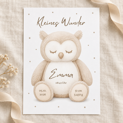 Personalisiertes DIN-A4-Geburtsposter „Kleines Wunder“ mit Eule, Name Emma und Geburtsdaten – Poster ohne Rahmen auf hellem Stoff