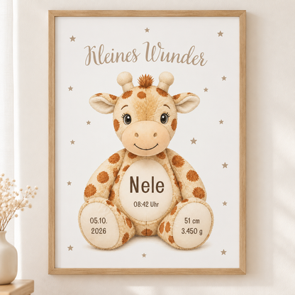 Personalisiertes DIN-A4-Geburtsposter „Kleines Wunder“ mit Giraffe, Name Nele und Geburtsdaten – frontal im Rahmen in Holzoptik