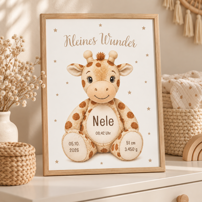 Personalisiertes DIN-A4-Geburtsposter „Kleines Wunder“ mit Giraffe, Name Nele und Geburtsdaten – im Holzoptikrahmen auf einer Kommode