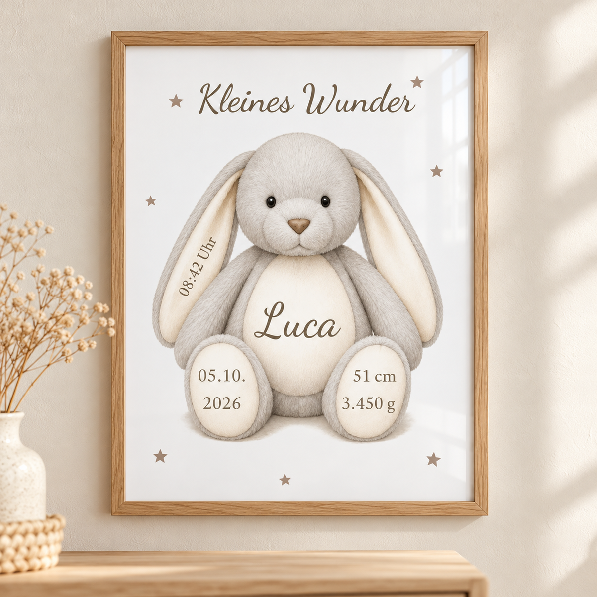 Personalisiertes Geburtsposter Kleines Wunder mit grauem Hasen, Name Luca und Geburtsdaten im Holzoptikrahmen an der Wand