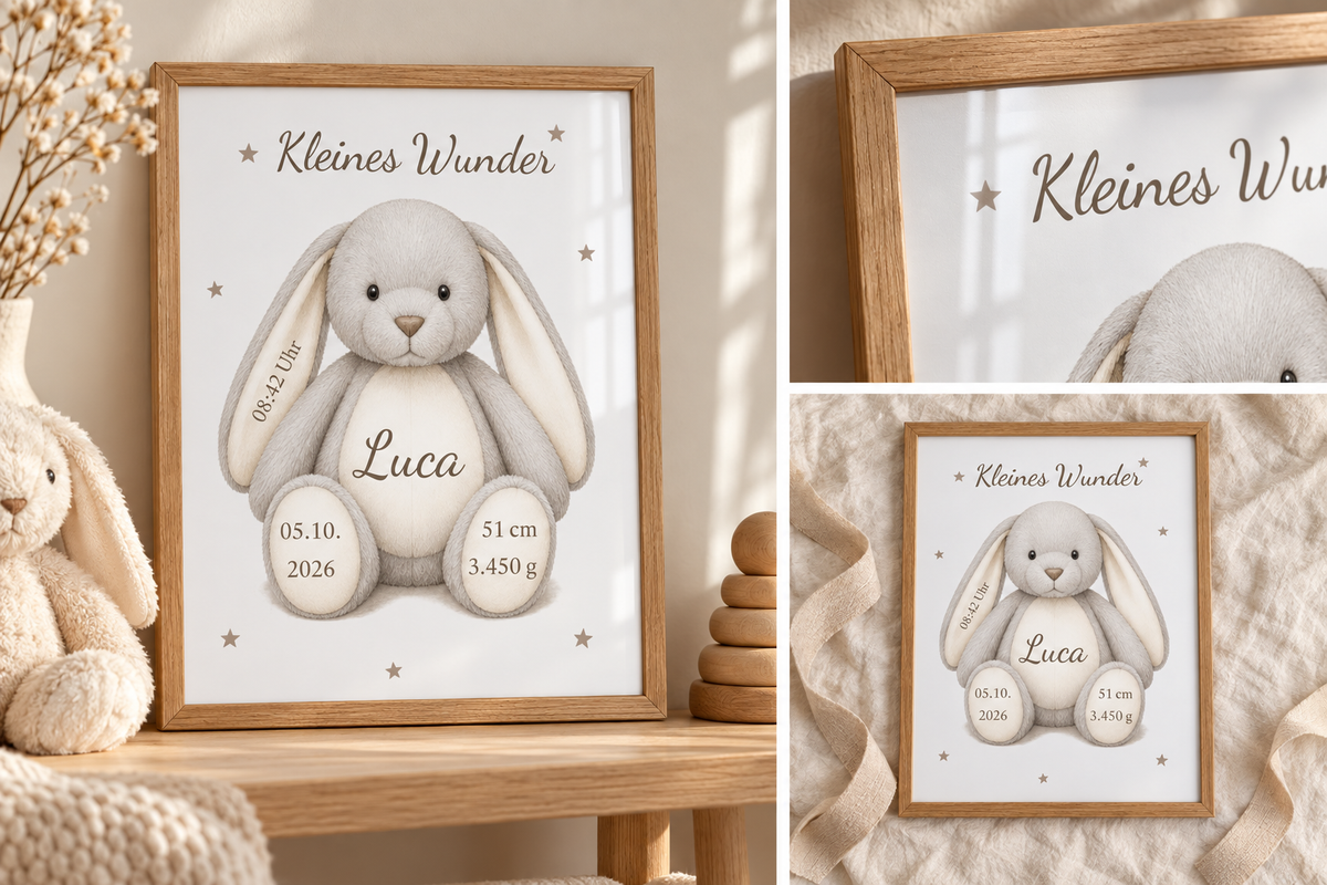 Ansichten des personalisierten Hasenposters Kleines Wunder mit Geburtsdaten und hellem Holzoptikrahmen