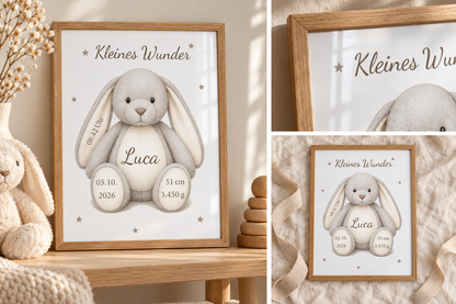 Ansichten des personalisierten Hasenposters Kleines Wunder mit Geburtsdaten und hellem Holzoptikrahmen