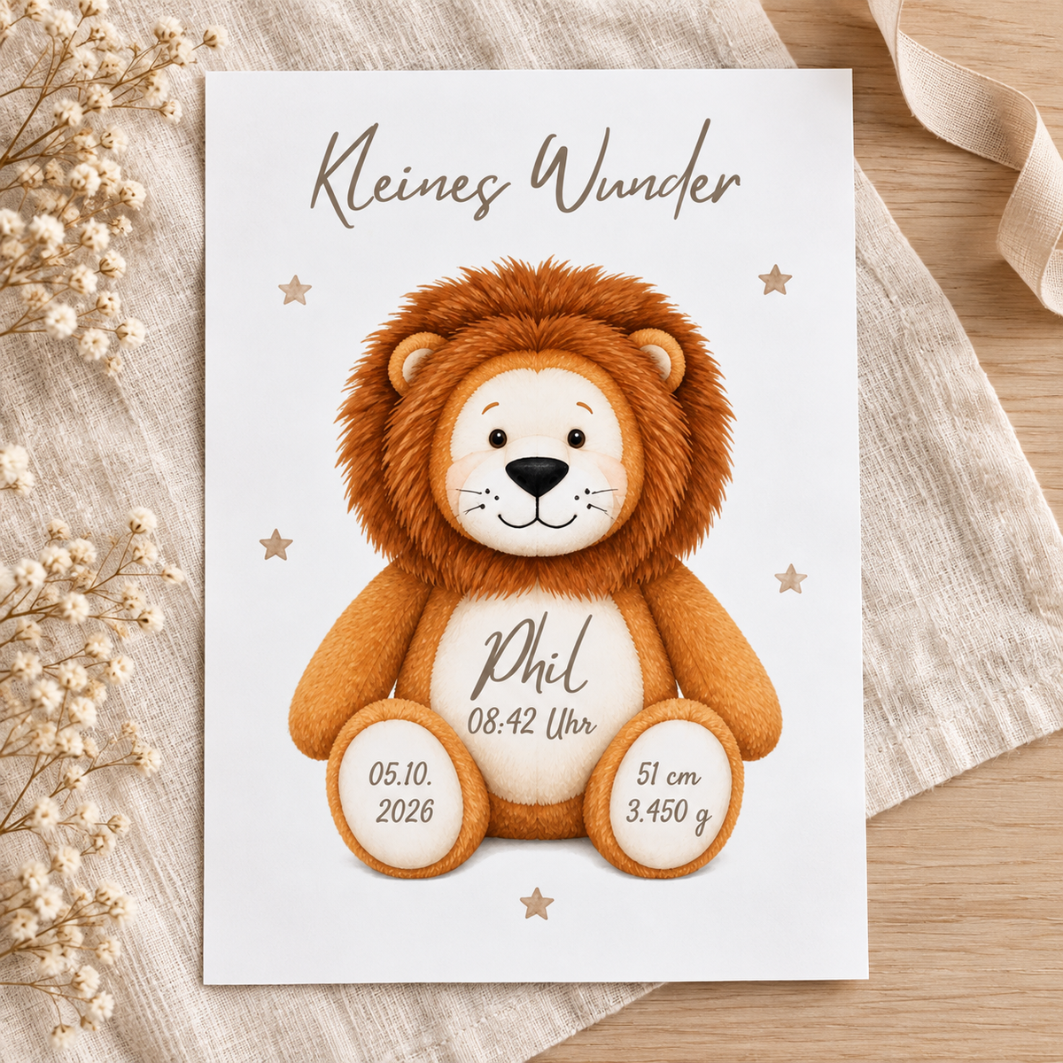 Personalisierter DIN-A4-Löwenposter Kleines Wunder ohne Rahmen mit Name Phil, Uhrzeit und Geburtsdaten auf hellem Leinen
