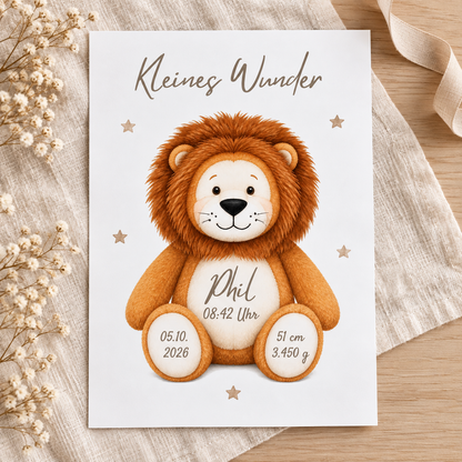 Personalisierter DIN-A4-Löwenposter Kleines Wunder ohne Rahmen mit Name Phil, Uhrzeit und Geburtsdaten auf hellem Leinen