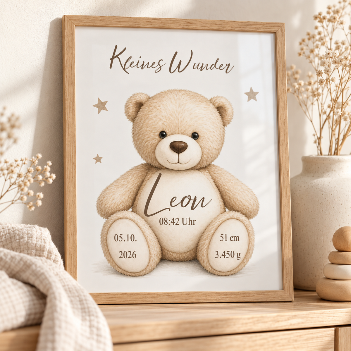 DIN-A4-Teddyposter mit Wunschname und Geburtsdaten im hellen Holzoptikrahmen auf einer Kommode