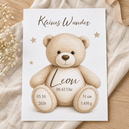 Gedrucktes DIN-A4-Teddyposter Kleines Wunder ohne Rahmen mit Name Leon, Uhrzeit und Geburtsdaten auf hellem Leinen