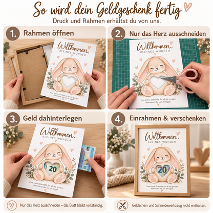Anleitung zum Hasen-Geldgeschenk: Rahmen öffnen, nur das Herz mit einer kleinen Schere ausschneiden, Geld hinterlegen und wieder einrahmen